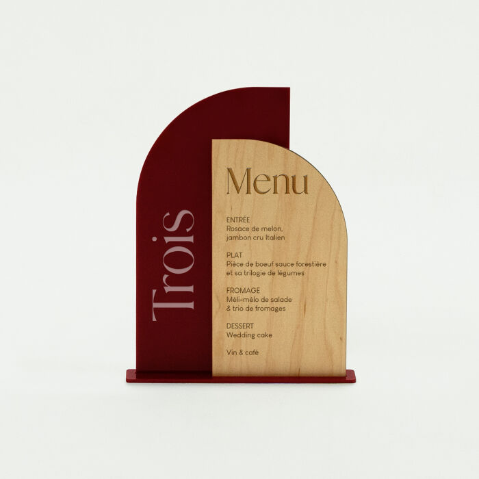 Menu mariage personnalisé bois 11x20 cm et numéro de table acrylique rouge carmin 12x23 cm - Terracotta