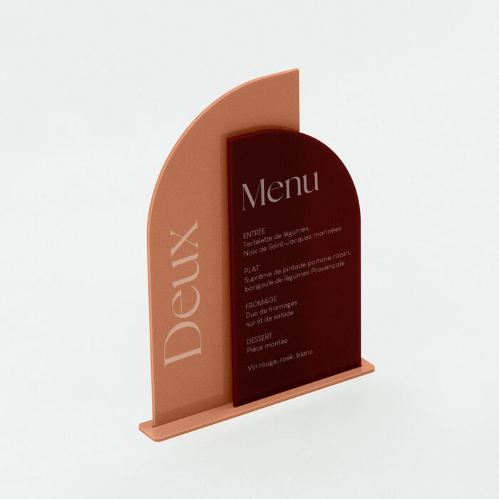 Menu mariage personnalisé acrylique rouge carmin 11x20 cm et numéro de table acrylique terre brûlée 12x23 cm - Terracotta