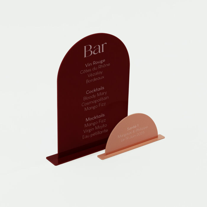 Signalétique bar double mariage personnalisée acrylique rouge carmin et acrylique terre brûlée - Terracotta