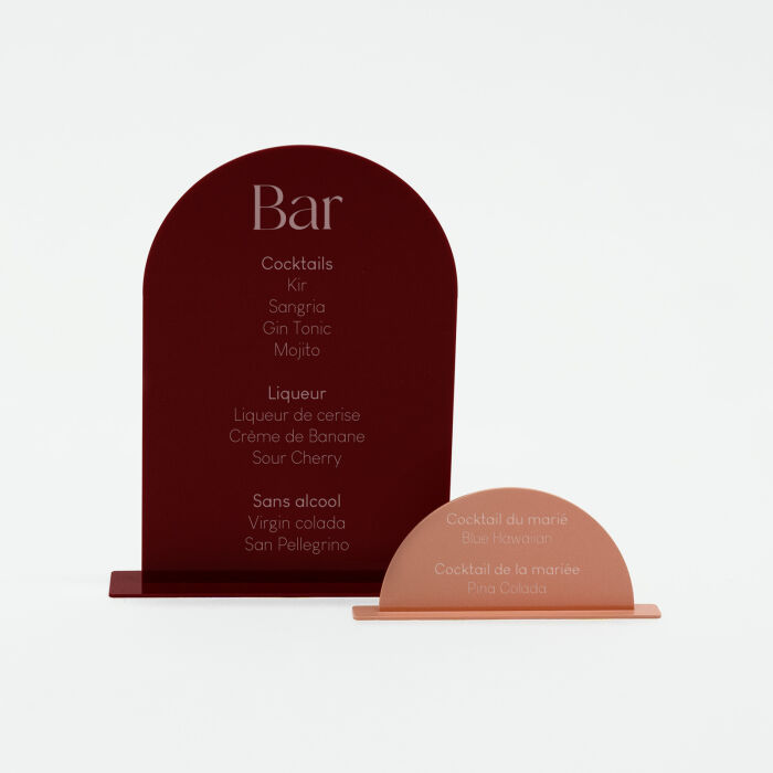 Signalétique bar double mariage personnalisée acrylique rouge carmin et acrylique terre brûlée - Terracotta