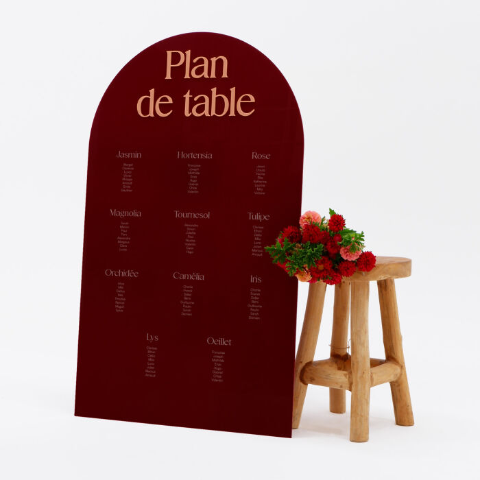 Plan de table mariage personnalisé acrylique rouge carmin 99x59 cm - Terracotta