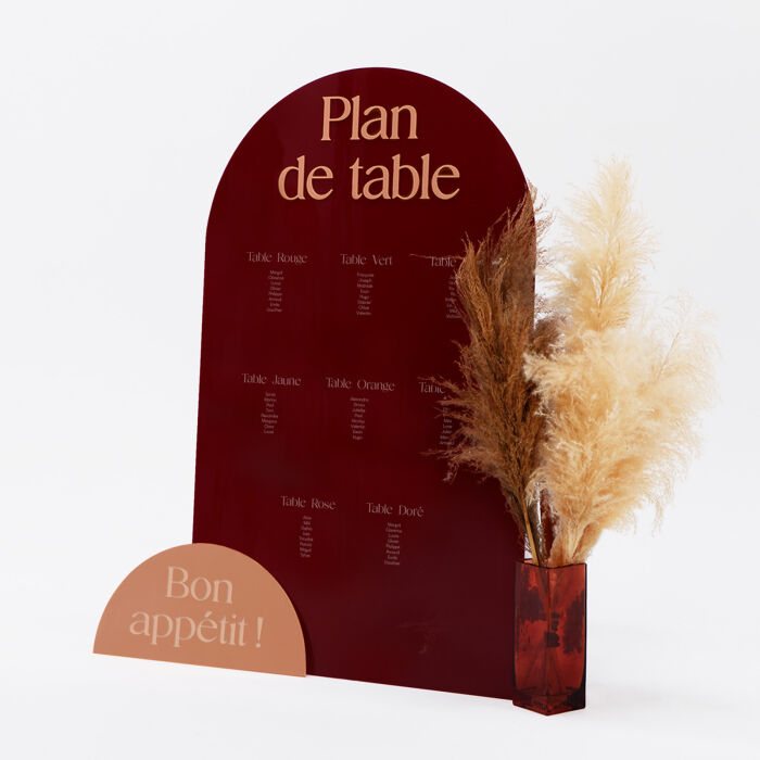 Ensemble de panneaux mariage personnalisés plan de table rouge carmin et panneau Bon appétit bois - Terracotta