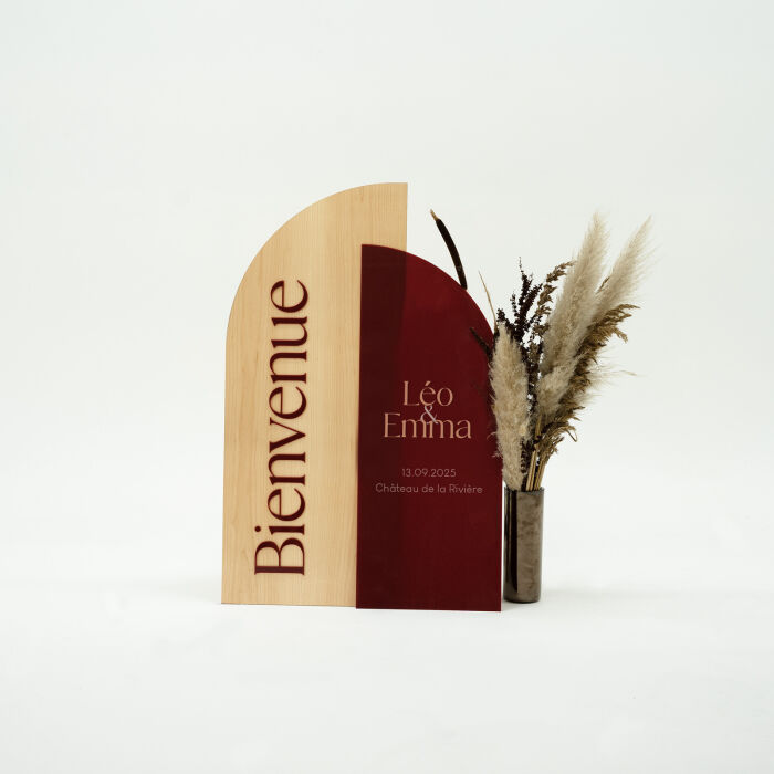 Panneau bienvenue double mariage personnalisé acrylique rouge carmin et bois - Terracotta