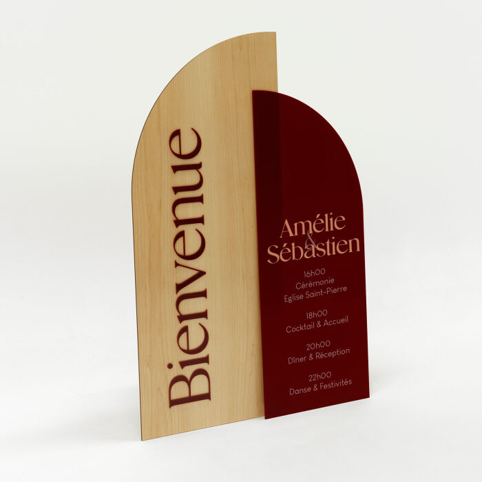 Panneau bienvenue double mariage personnalisé acrylique rouge carmin et bois - Terracotta