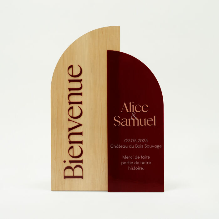 Panneau bienvenue double mariage personnalisé acrylique rouge carmin et bois - Terracotta