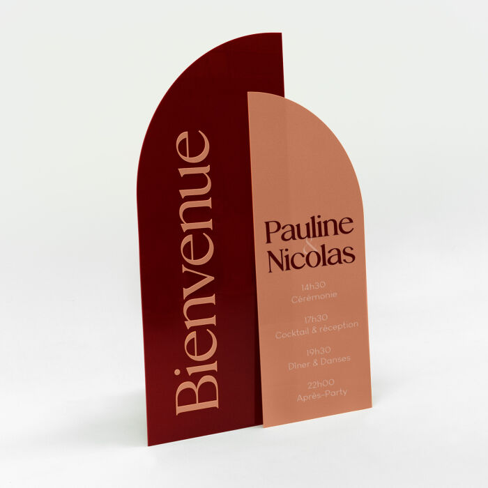 Panneau bienvenue double mariage personnalisé acrylique terre brûlée et acrylique rouge carmin - Terracotta